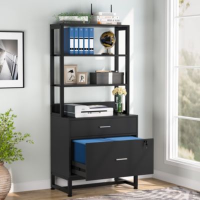 2 Drawer Vertical File Cabinet with Lock & Bookshelf, Letter Size Large Modern Filing Cabinet Printer Stand with Open Storage Shelves