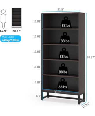 70.8” 5-Tier Wood & Metal Heavy Duty Free-Standing Bookshelf – Storage Shelving Unit for Living Room, Bedroom, Office