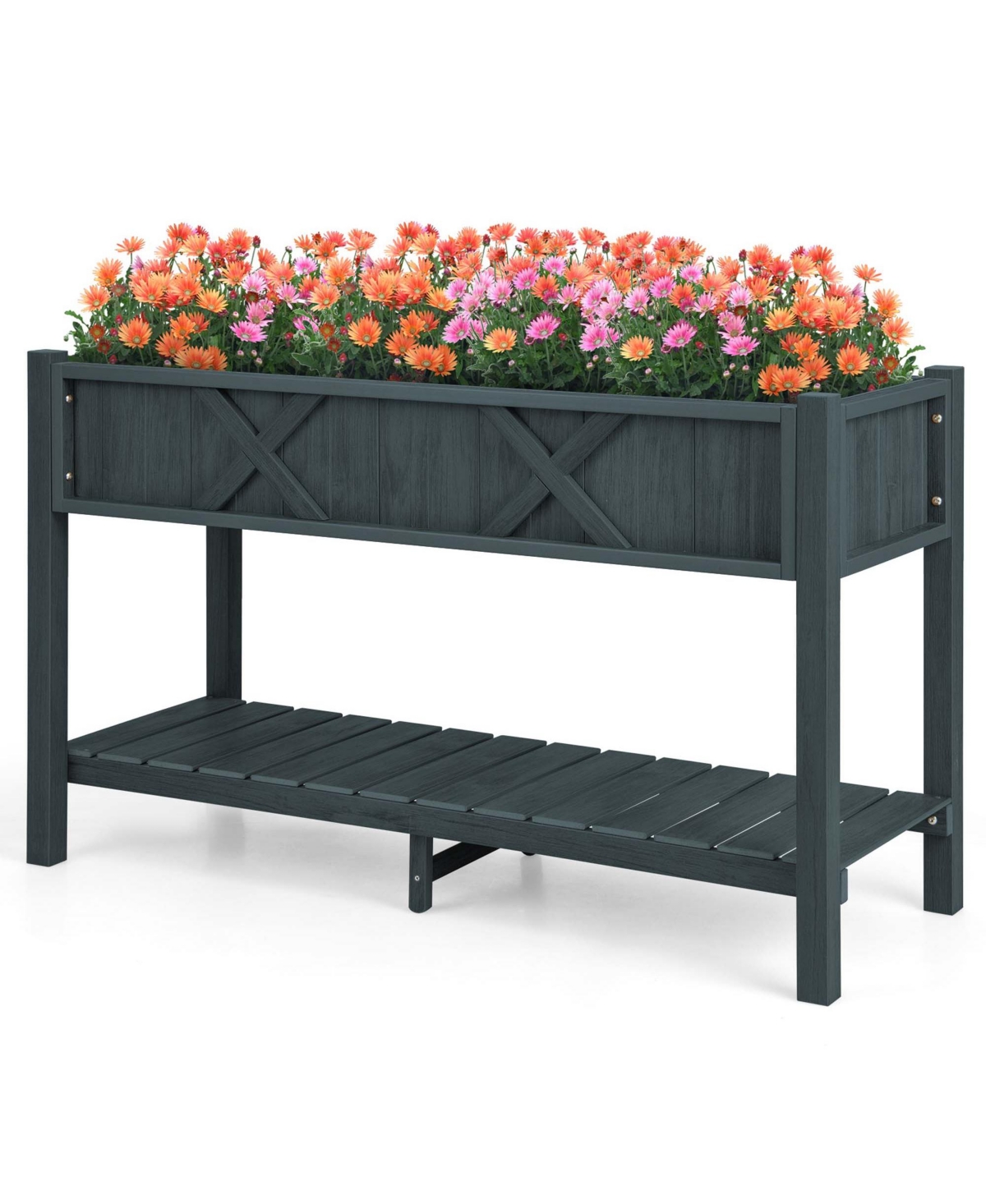 Hips Raised Garden Bed Poly Wood Elevated Planter Box with Legs, Storage Shelf - Black