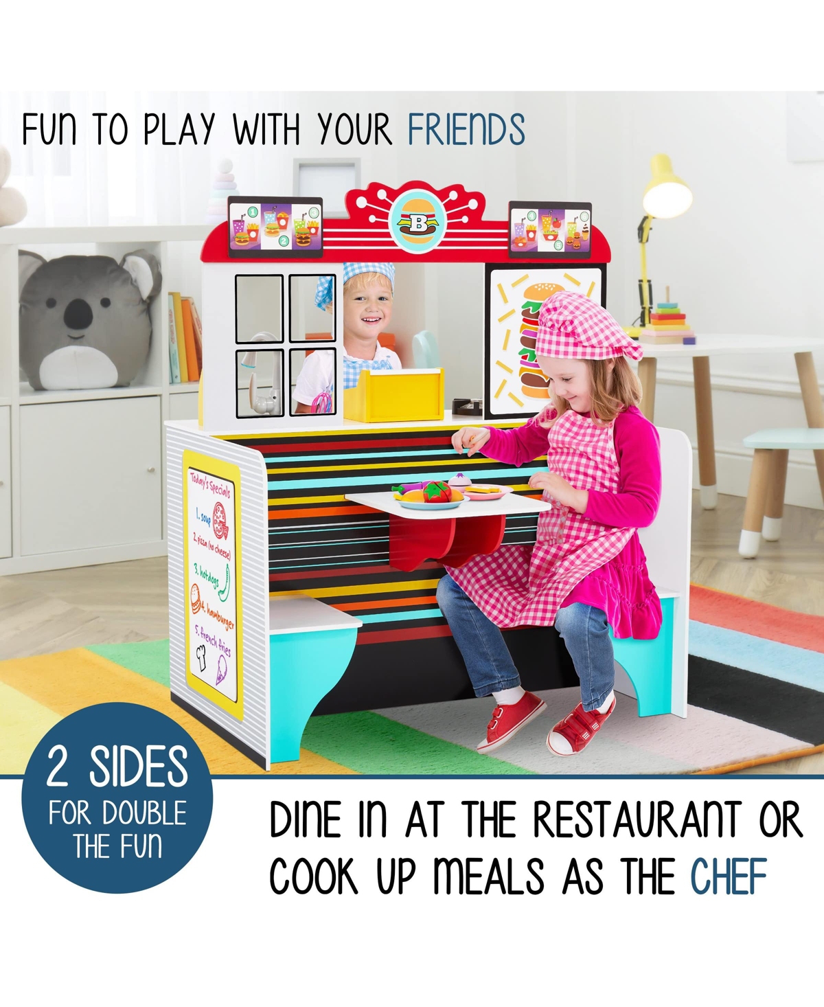 Lil' Jumbl Lil Jumbl Double-Sided Restaurant Pretend Play Set, Wooden Diner Set