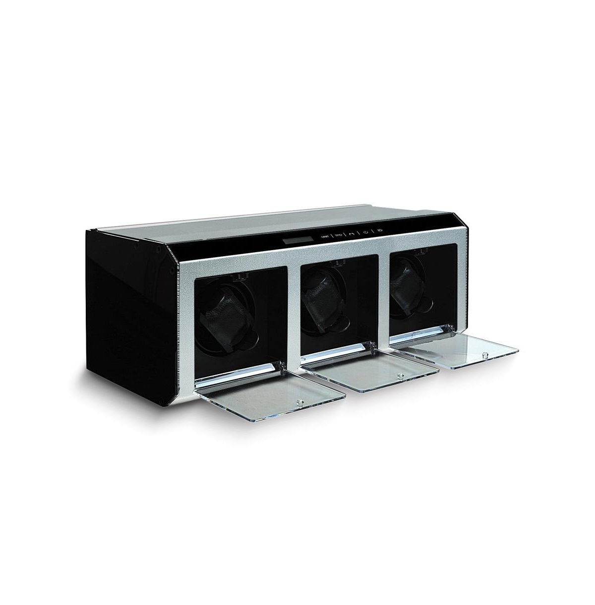 Silver-tone Metal Acrylic Doors Lined Led-Lighted Triple Watch Winder - Black