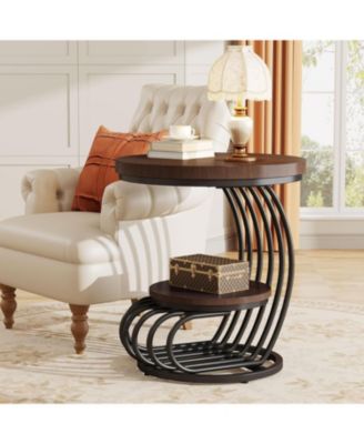 Round End Table: 2 Tiers Faux Marble Side Table with Storage Shelf, Bedside Nightstand, Metal Arc-Shaped Frame Accent Table