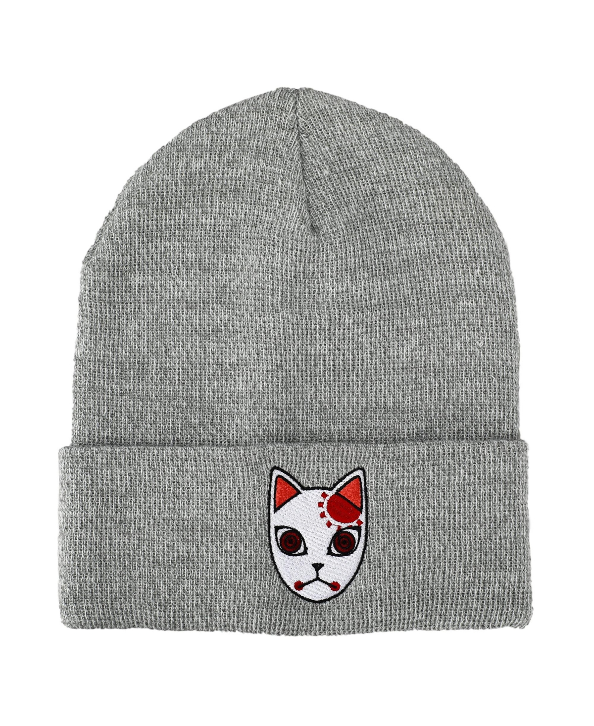 Men's Tanjiro Fox Mask Athletic Heather Skull Knitted Embroidered Cuffed Winter Beanie - Gray