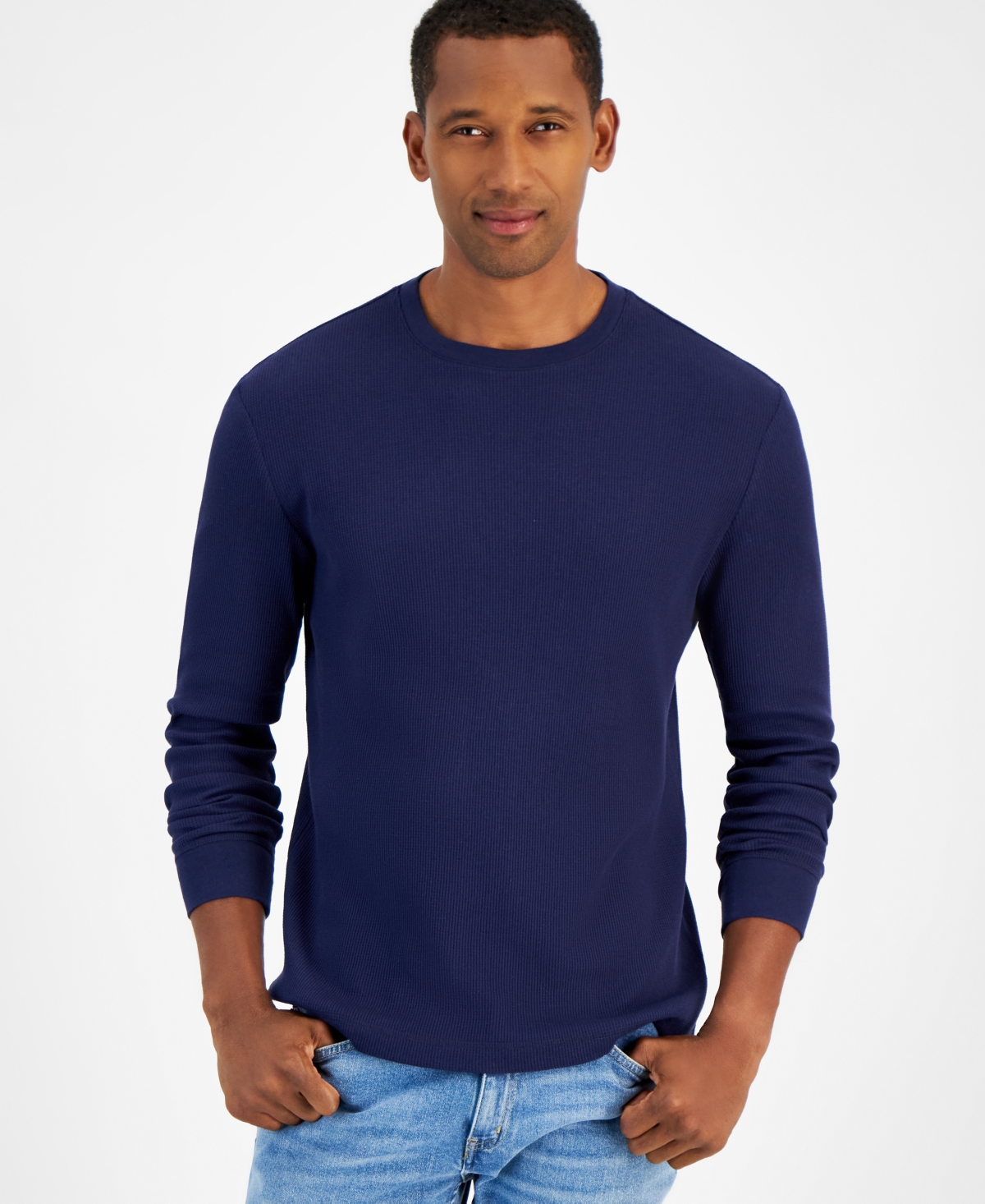 Club Room Men's Thermal Long-sleeve Ribbed Crewneck Sweater, Created For Macy's In Navy Blue