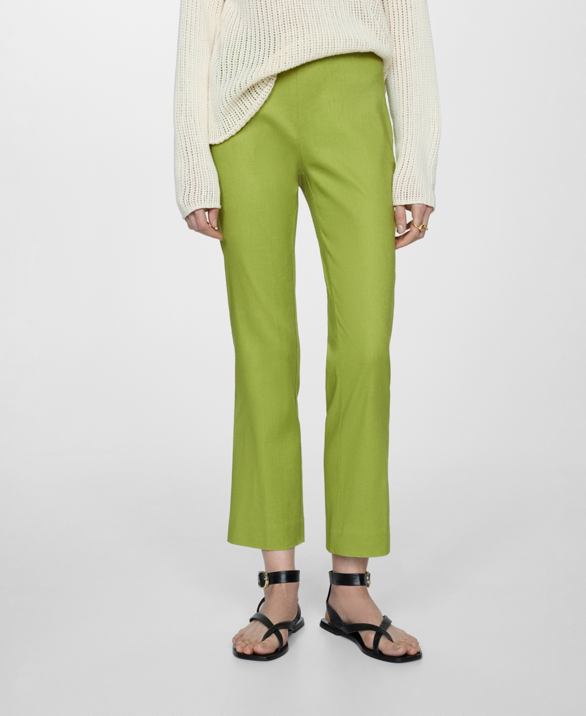 Shop Mango Women's Linen Flare Trousers In Green