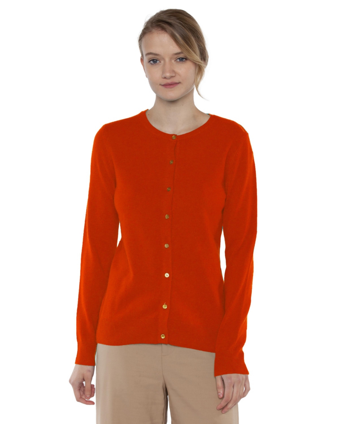 Women's 100% Cashmere Button Front Long Sleeve Crewneck Cardigan Sweater (1575, Azalea, Large ) - Cobalt