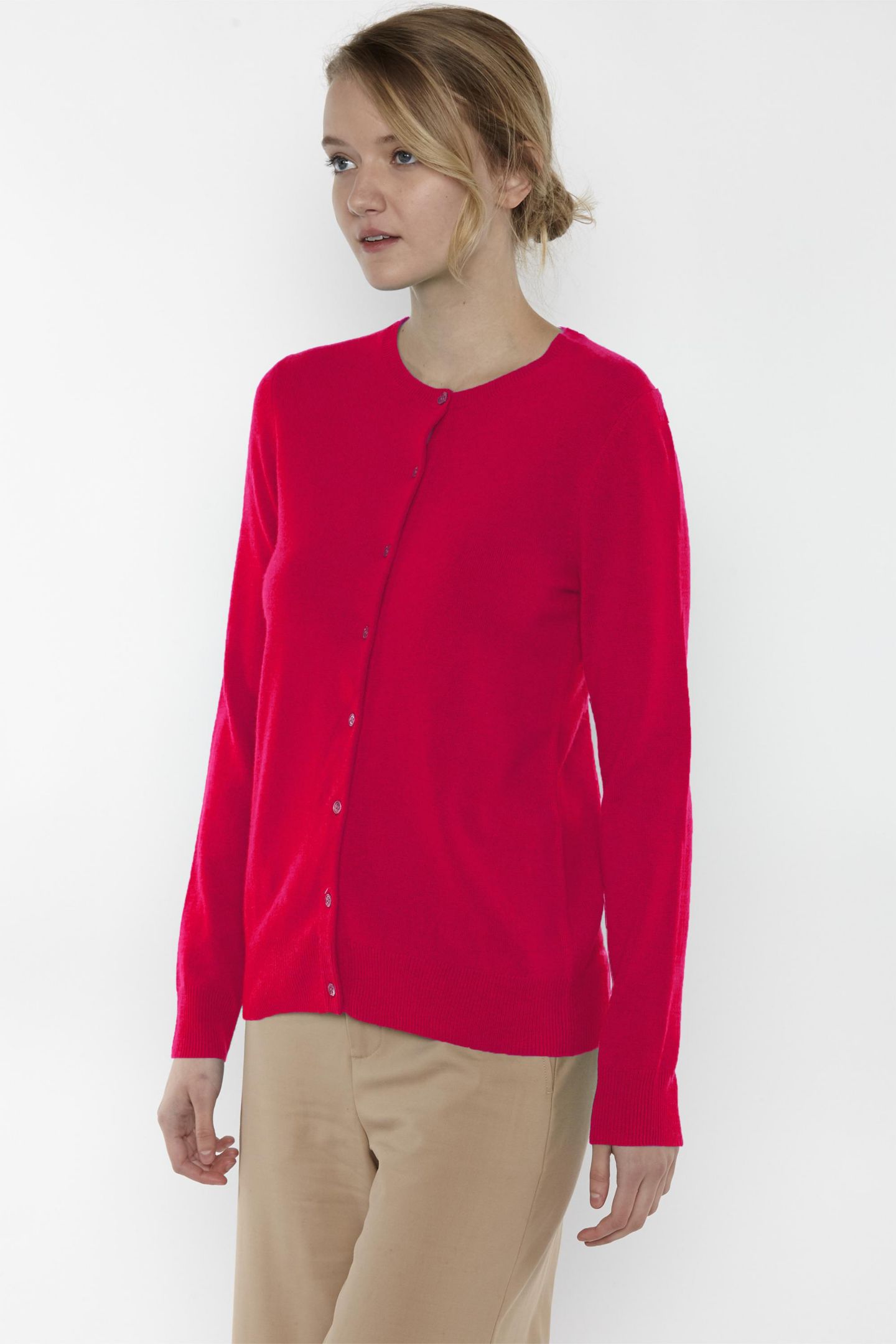 Женский кардиган JENNIE LIU 100% Cashmere Button Front Long Sleeve Crewneck Cardigan, цвет: Azalea — фото 3