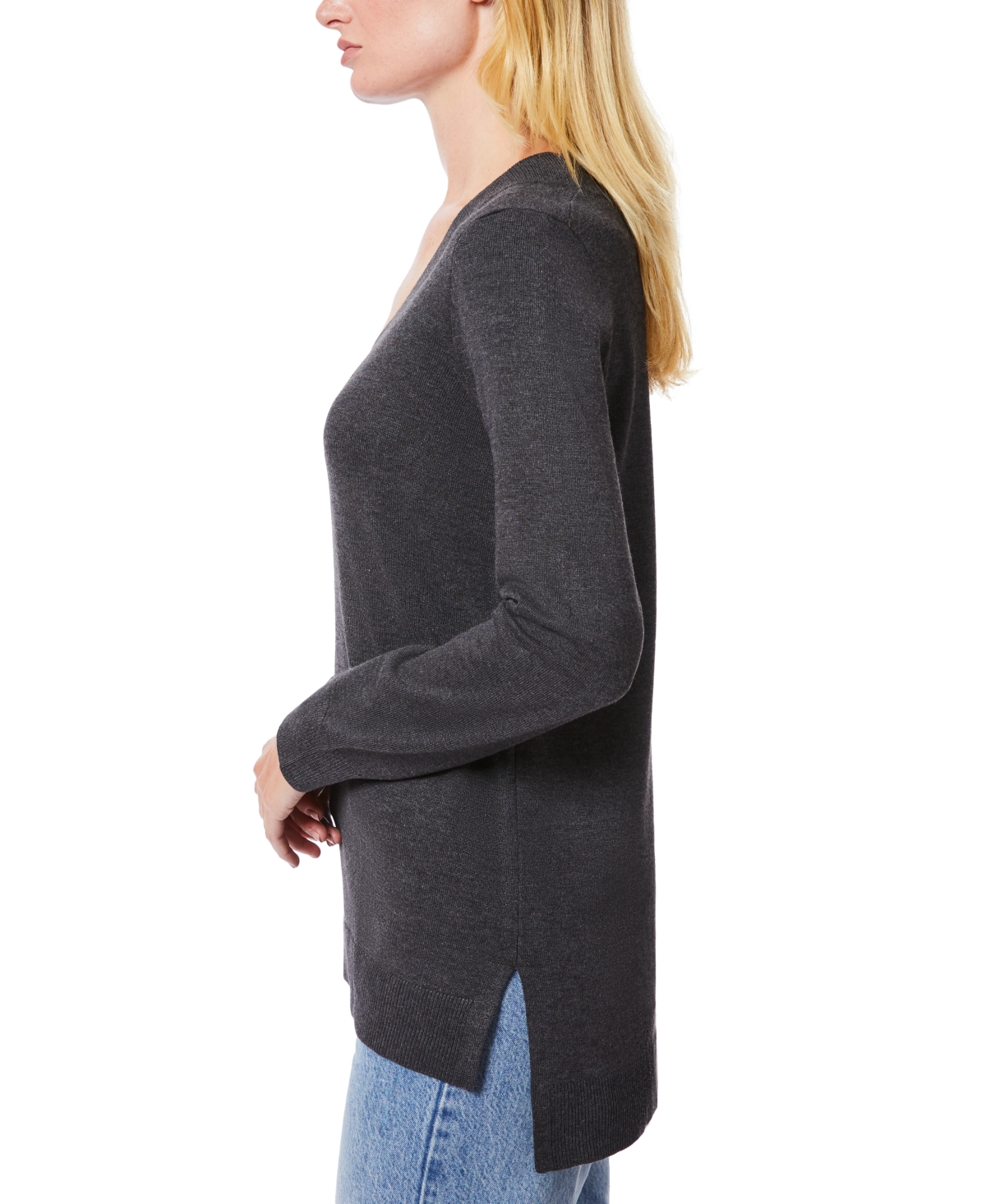 Melissa Paige Women's Ribbed Seamed Long-Sleeve High-Low-Hem V-Neck Sweater