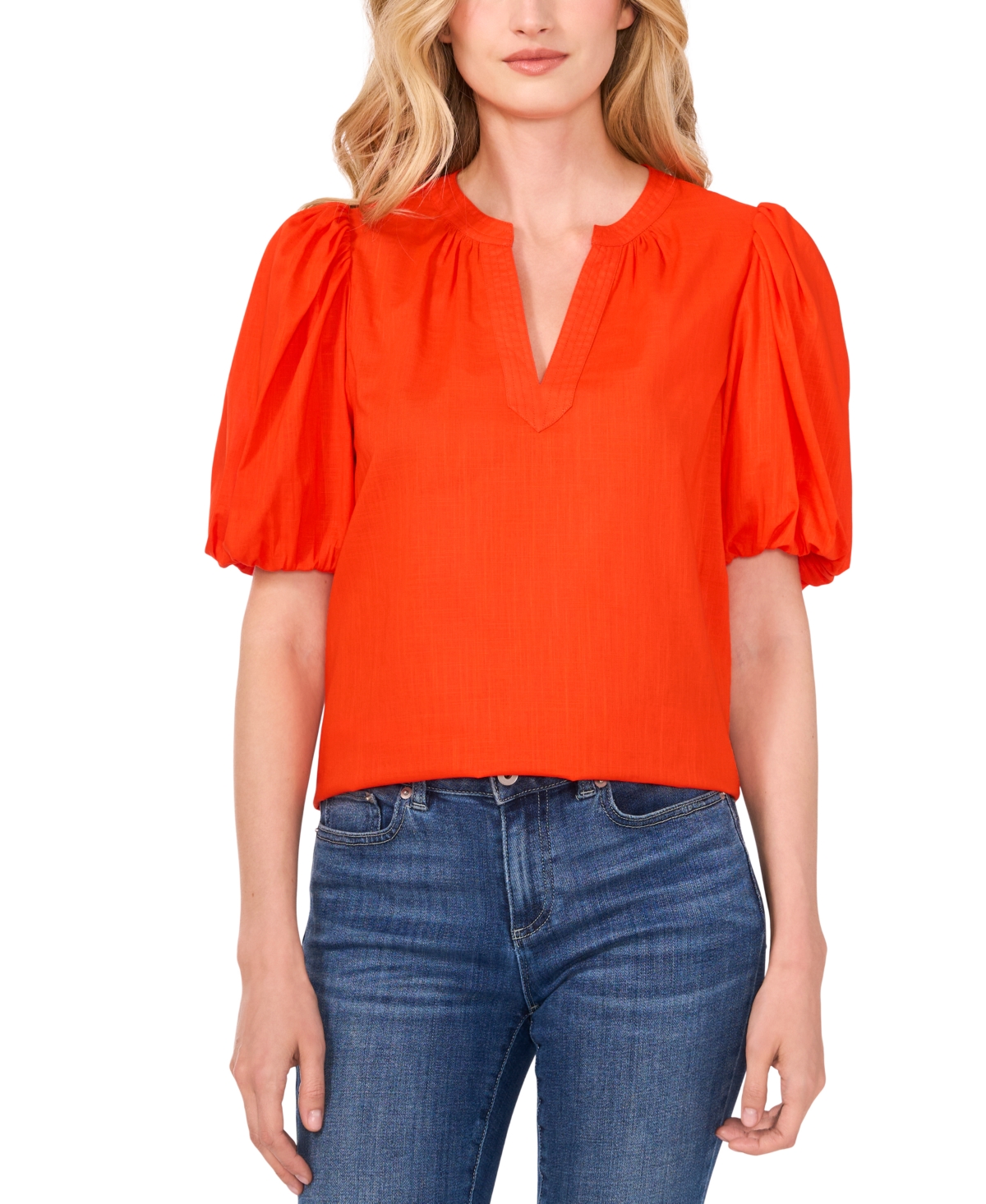 Cece Puff Sleeve Poplin Popover Top In Tiger Lily