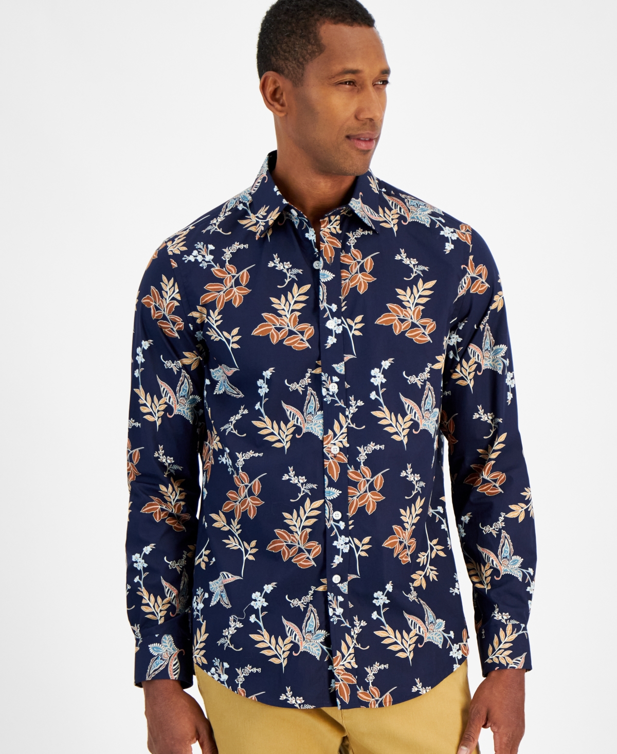 Men's Eliot Long Sleeve Button Front Floral Print Shirt, Created for Macy's - Navy Blue