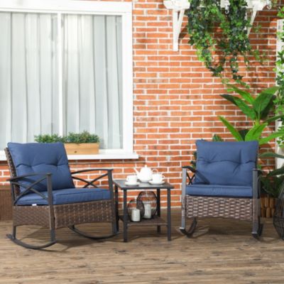 3pc Rocking Chair Set w/ Cushions, Wicker Bistro Set, Dark