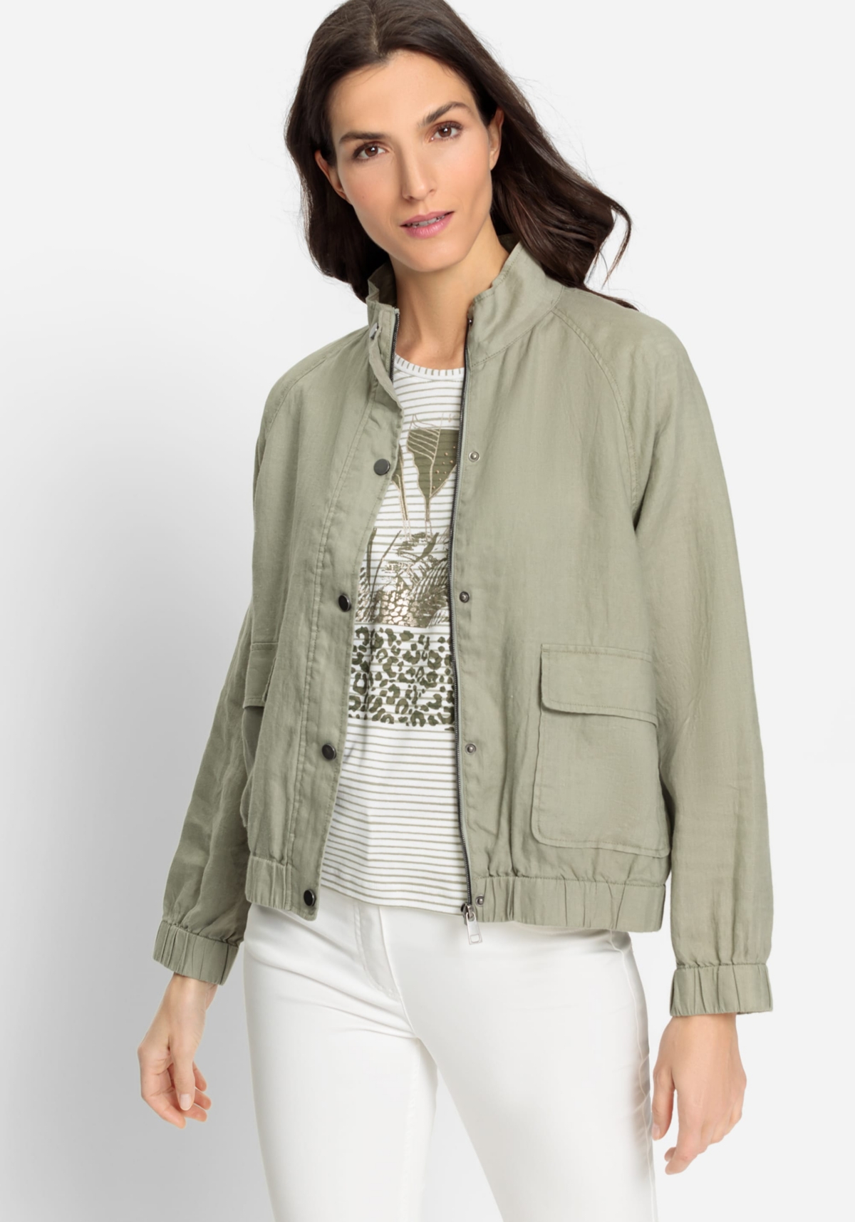 Women's 100% Linen High Collar Zip Front Jacket - Light khaki