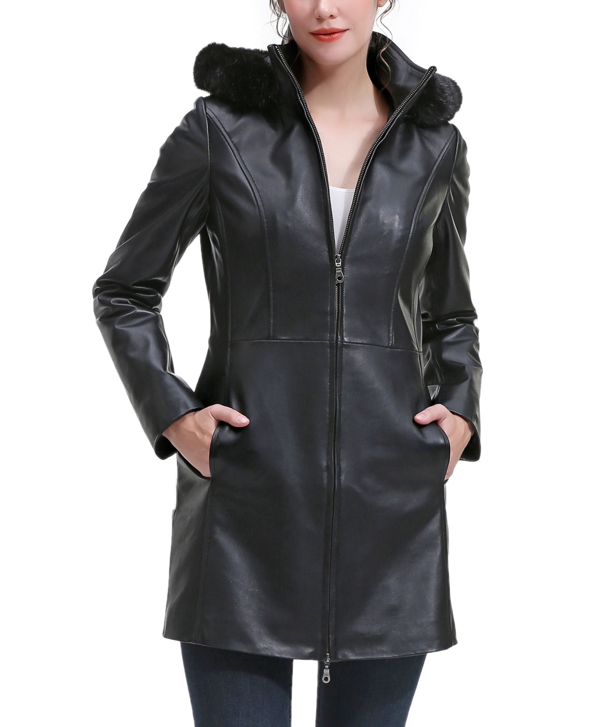 Petite Women Greta Leather Parka Coat - Black