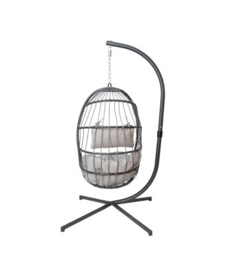 Riley Foldable Woven Hanging Egg Chair With Removable Cushion And Stand For Indoor And Outdoor Use