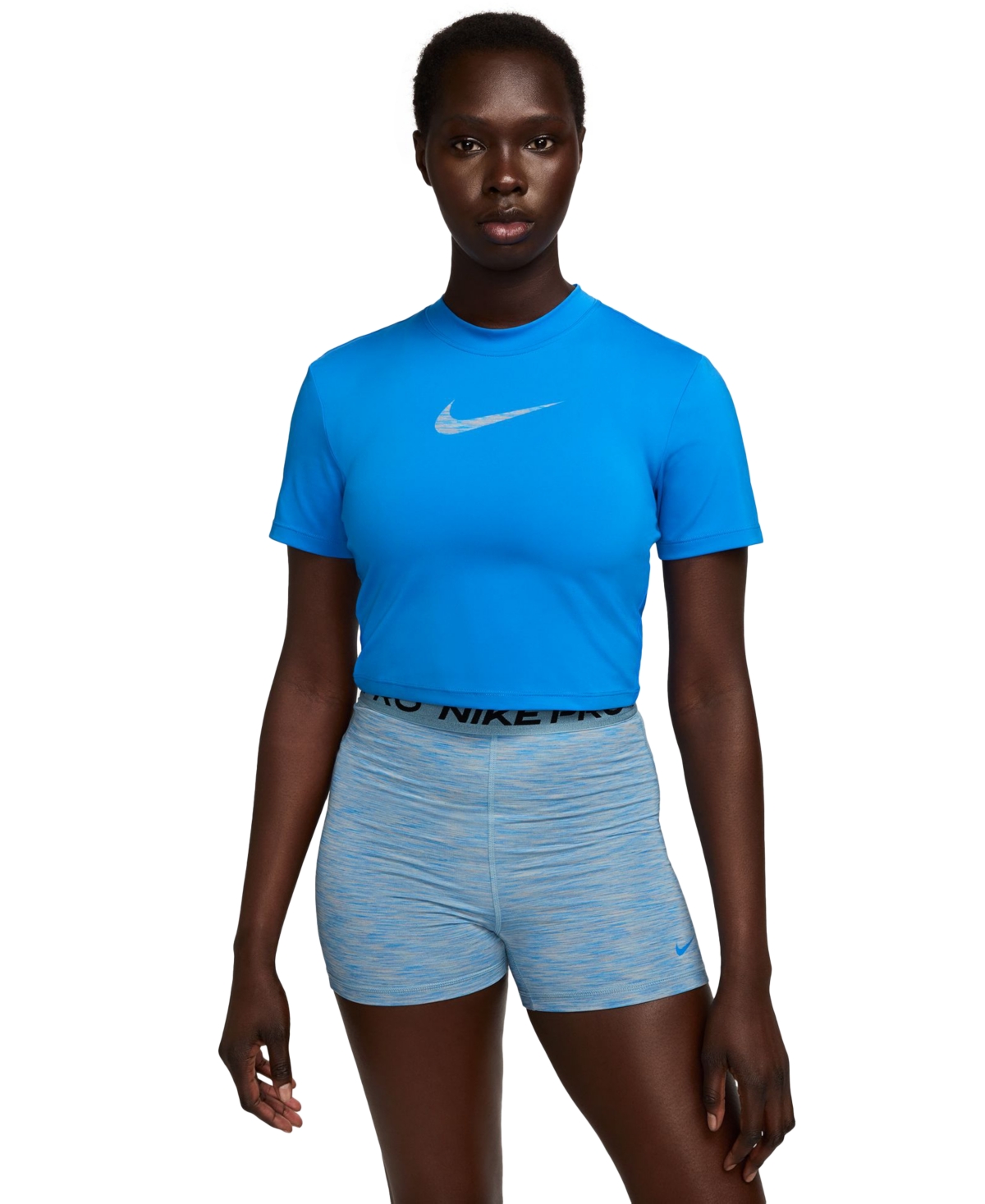 Nike Women's Pro Dri-fit Short-sleeve Cropped Training Top In Photo Blue