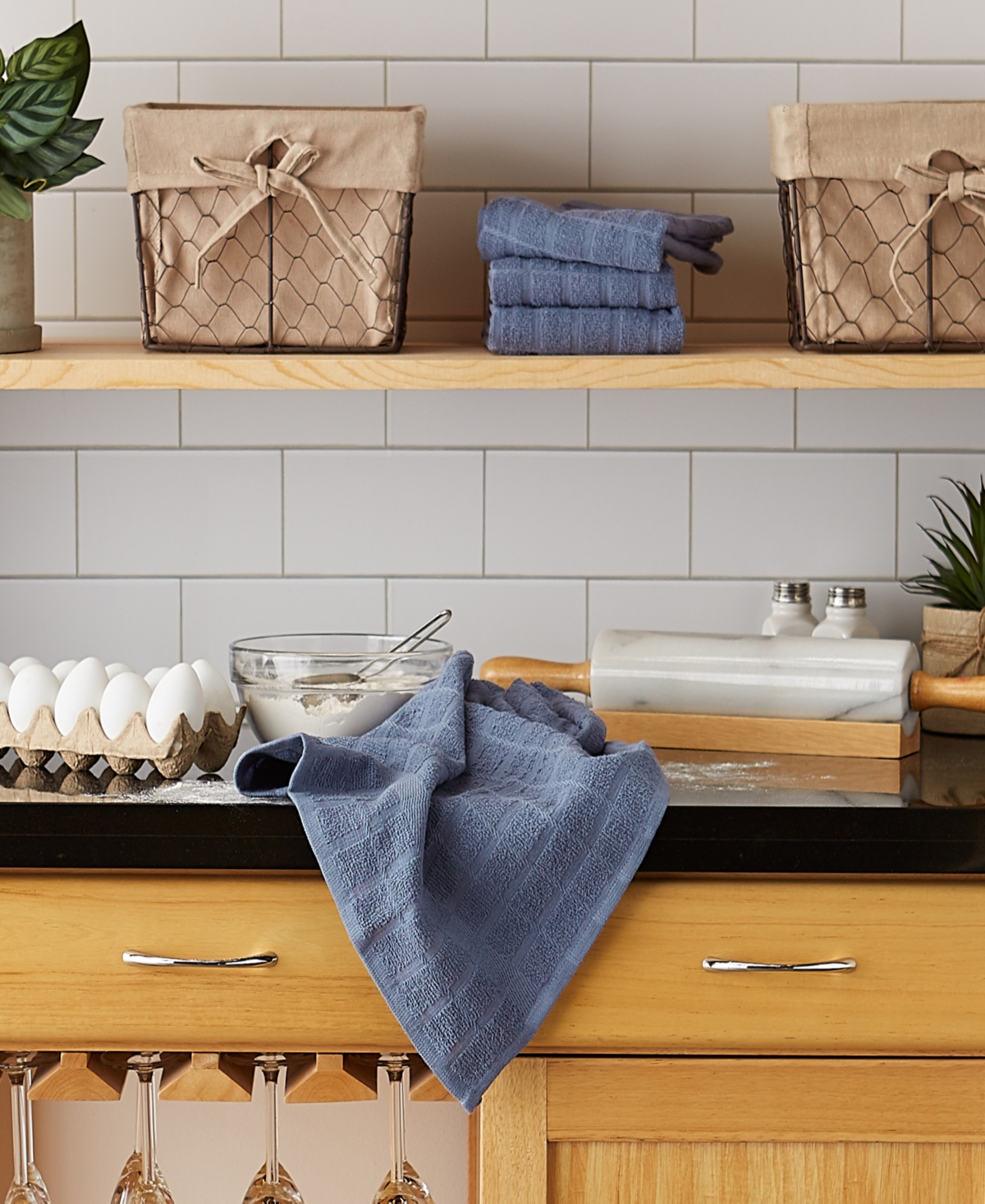 Design Imports Basic Terry Collection Windowpane Dishtowel Set, 16x26", Stonewash Solid, 4 Piece In Stonewash Solid