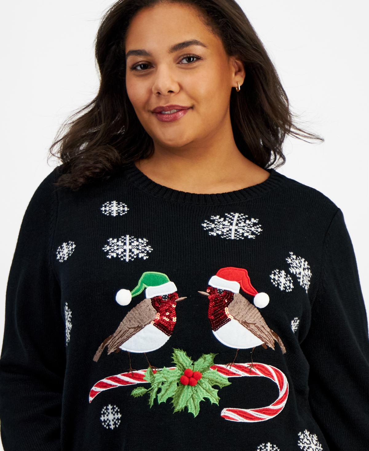 Holiday Lane Plus Size Merry Robins Embellished Sweater, Created for Macy's