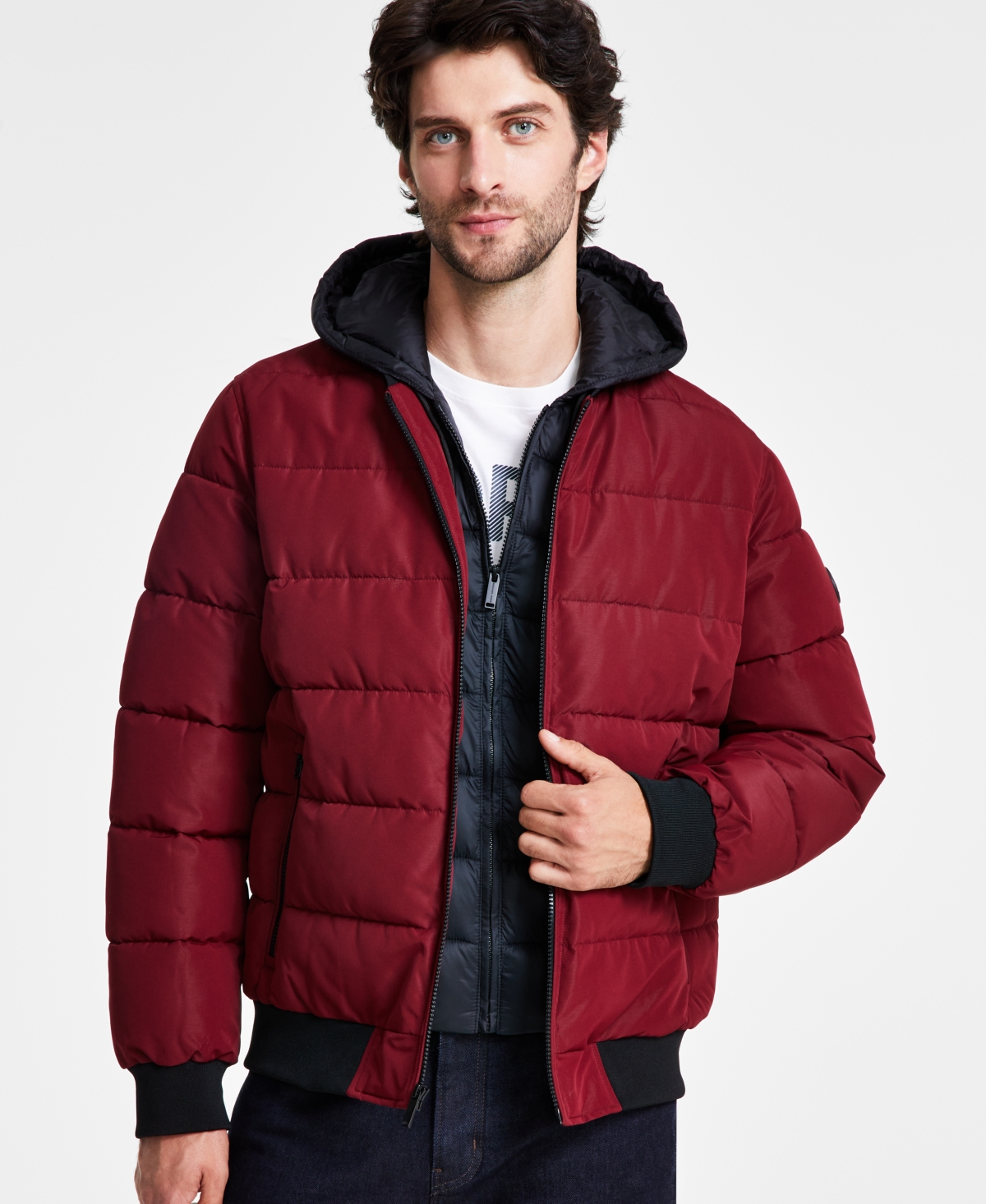 Michael Kors Men's Hooded Puffer Bomber Jacket In Dark Brandy