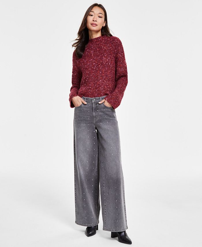 SIZE 25. DKNY Jeans Women's High-Rise Rhinestone Wide-Leg Jeans - Black - 25