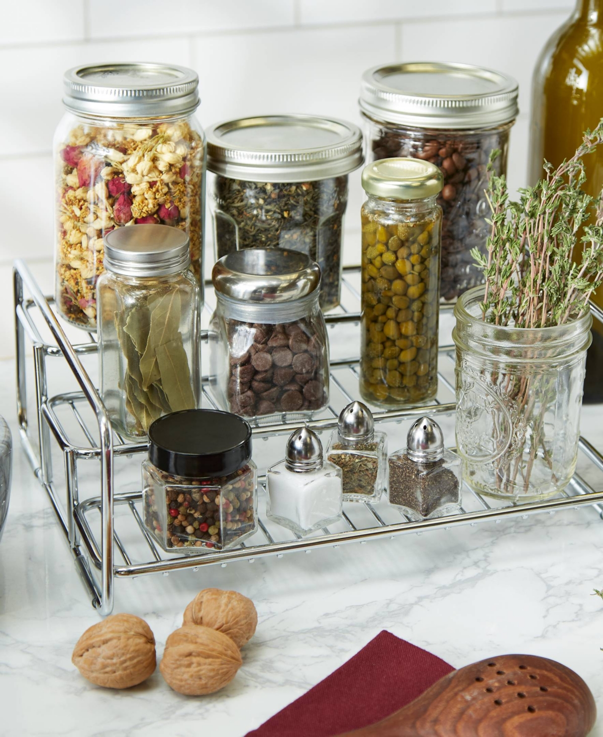 RSVP INTERNATIONAL STAINLESS STEEL 11" X 8.5" X 4" 3 TIER SPICE/CAN RACK 
