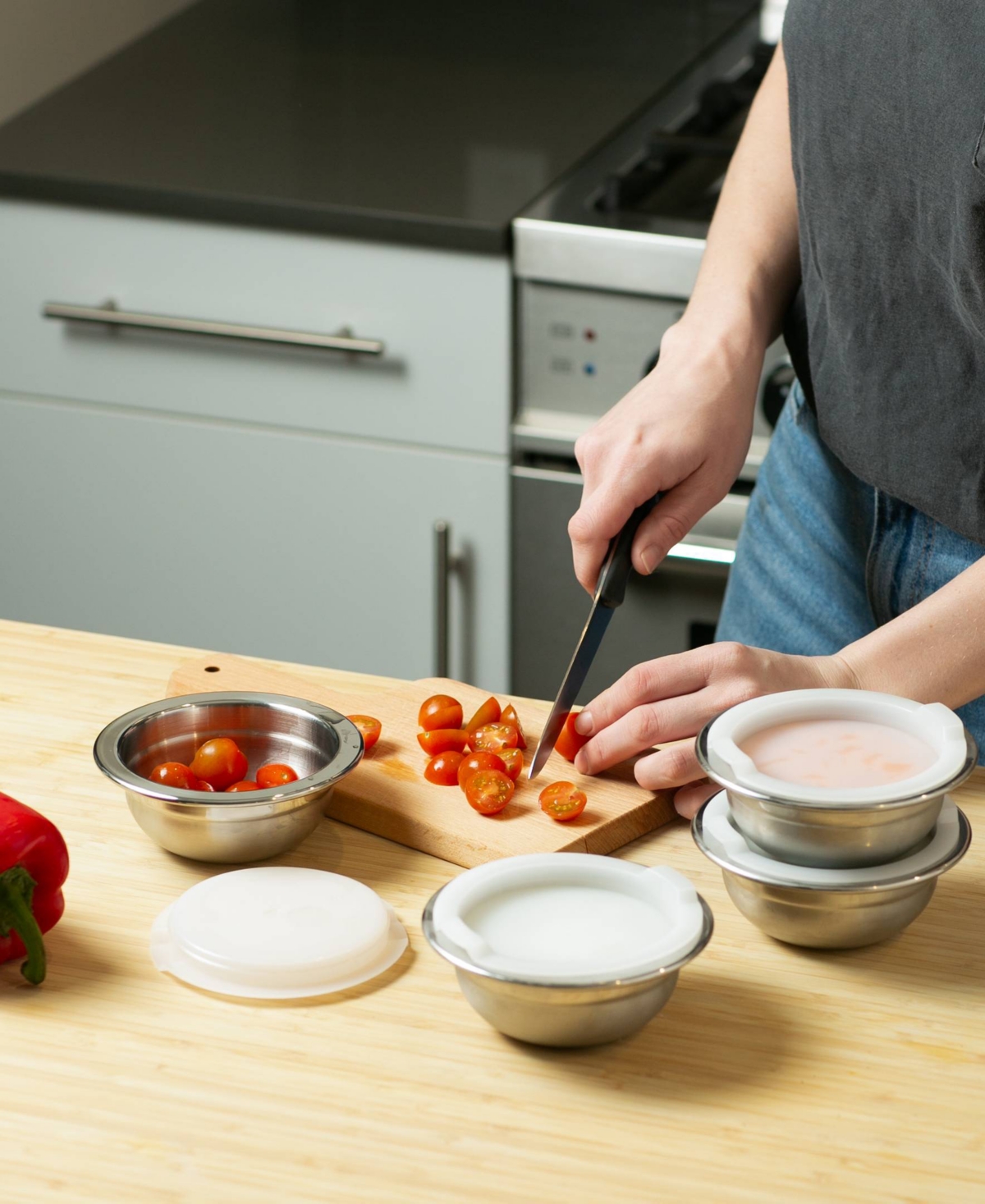 Rsvp International Endurance Stainless Steel 4 Piece 1 Cup Prep Bowls With Plastic Lid Set In Gray