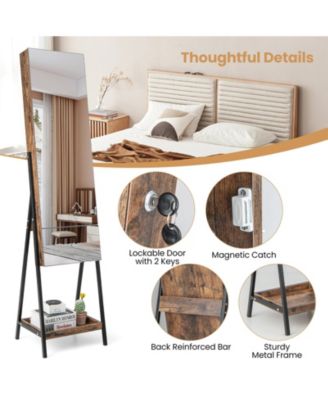 Lockable Freestanding Jewelry Organizer with Full-Length Frameless Mirror