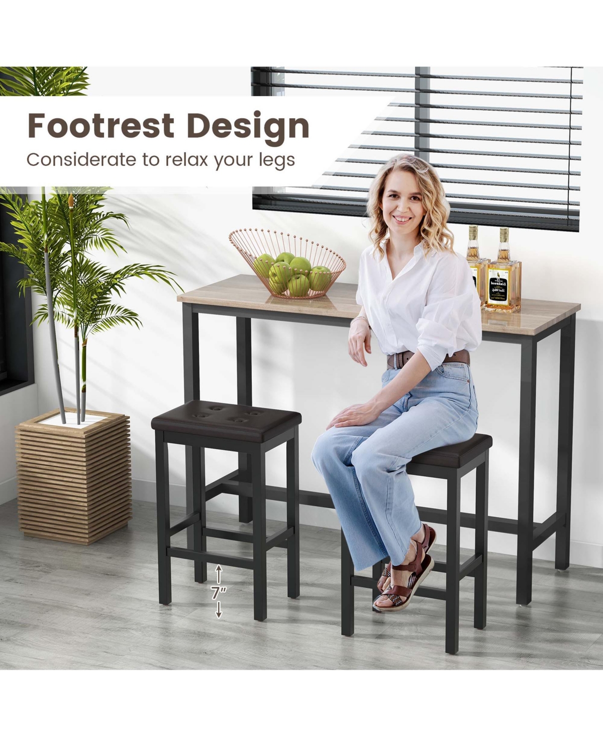 Costway Set of 2 Rubber Wood Bar Stools Counter Height Stool with Padded Seat