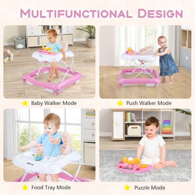 Foldable Baby Walker with 3 Adjustable Heights Comfy Padded Seat Music Tray