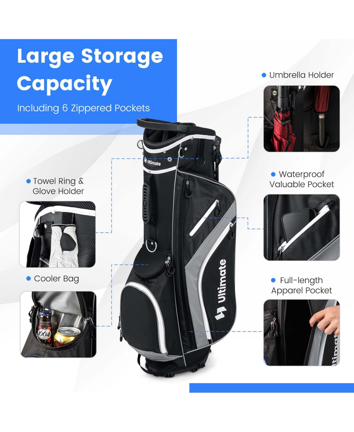 Costway Lightweight Golf Stand Bag with 14 Way Top Dividers 6 Pockets Cooler Bag Rain Hood