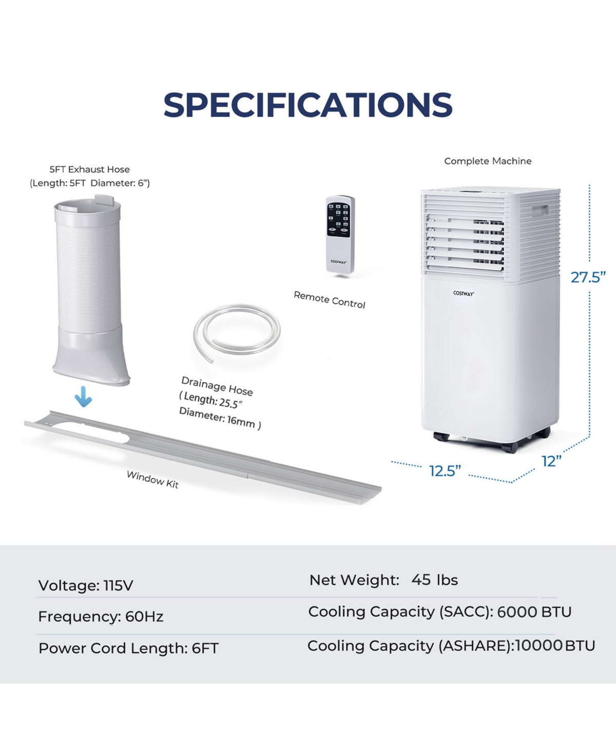 Costway 10000 Btu Portable Air Conditioner 3-in-1 Air Cooler w/Dehumidifier & Fan Mode