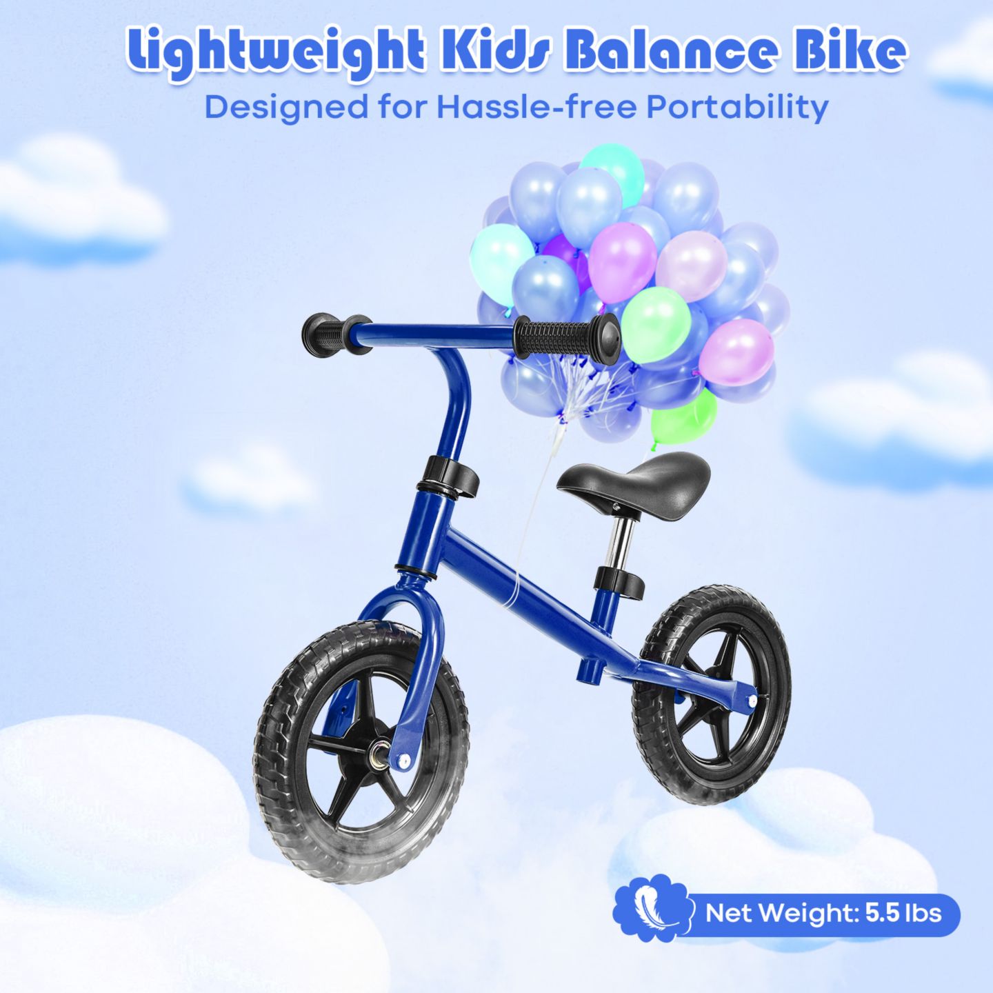 Детская игрушка Costway Kids' Lightweight No-Pedal Adjustable Balance Bike, 55 lb. Weight Capacity, от 2 лет, цвет: Синий — фото 6