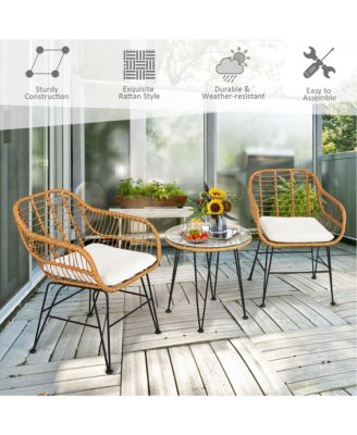 3PCS Patio Rattan Bistro Furniture Set Cushioned Chair Table