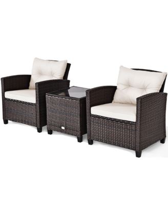 3PCS Patio Rattan Furniture Set Cushioned Sofa Coffee Table Garden