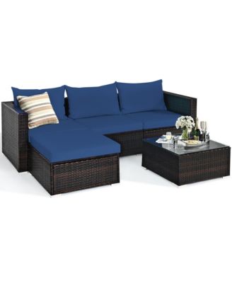 5PCS Cushioned Rattan Patio Conversation Set w/ Ottoman Navy Cushion