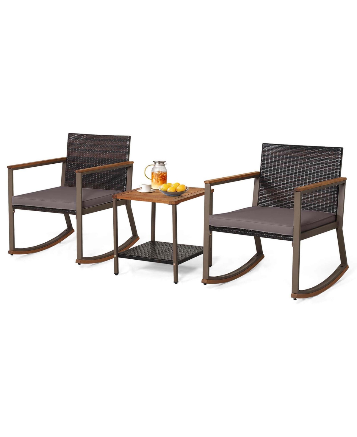 Costway 3 Pcs Patio Rattan Rocking Chair Bistro Set Armrest Cushion Table with Storage Shelf