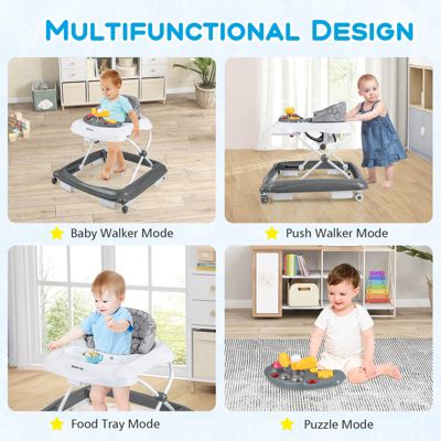 Foldable Baby Walker with 3 Adjustable Heights Comfy Padded Seat Music Tray