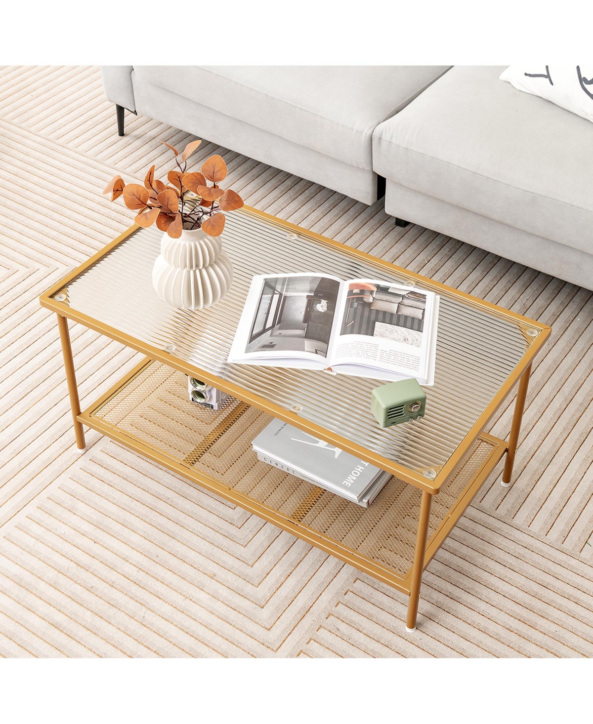 Costway 2-Tier Coffee Table with Shelf with Tempered Glass Top & Metal Frame Living Room