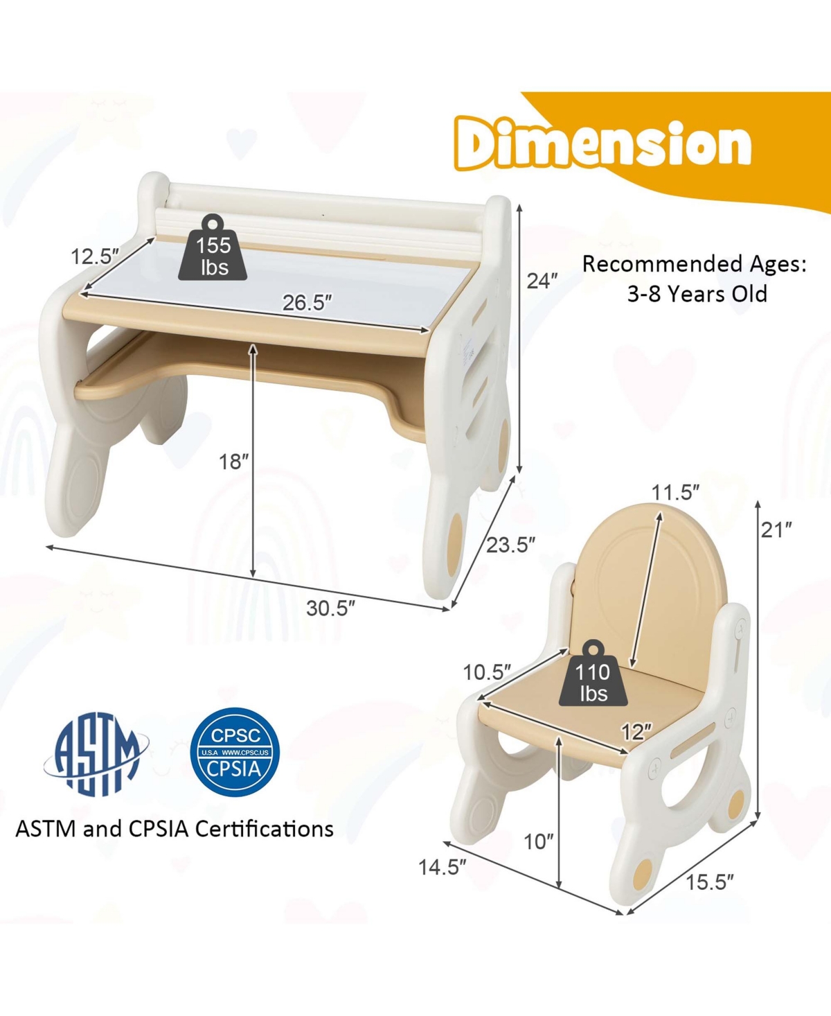 Costway Kids Drawing Table & Chair Set for Reading Playing with Pens & Blackboard Eraser