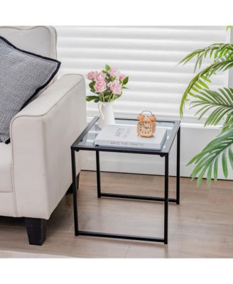 Patio Side Table Outdoor 17'' Tempered Glass End Coffee Table for Porch Garden