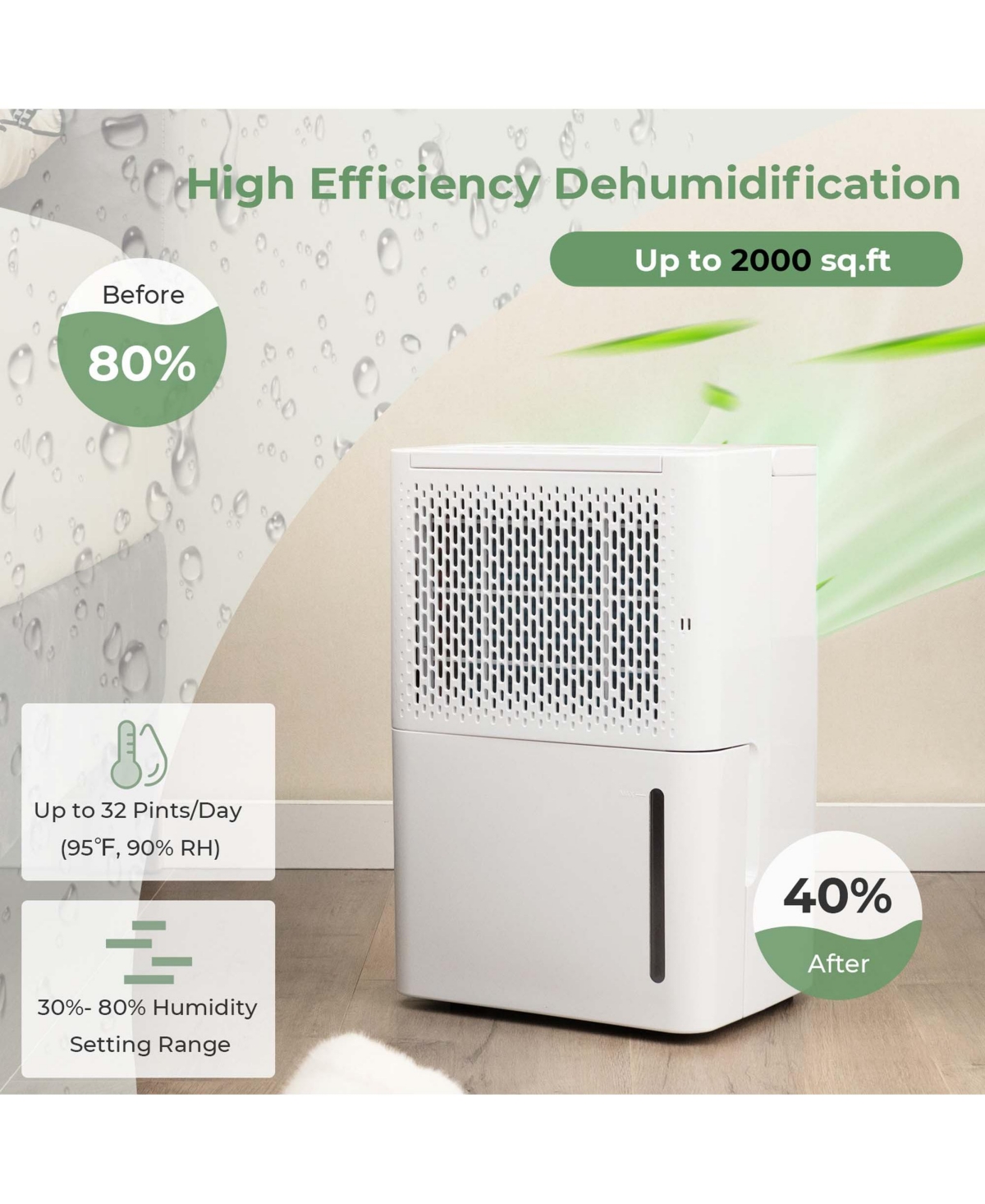 32 Pint Dehumidifier 2000 Sq. Ft Portable with 3 Modes & 24H Timer