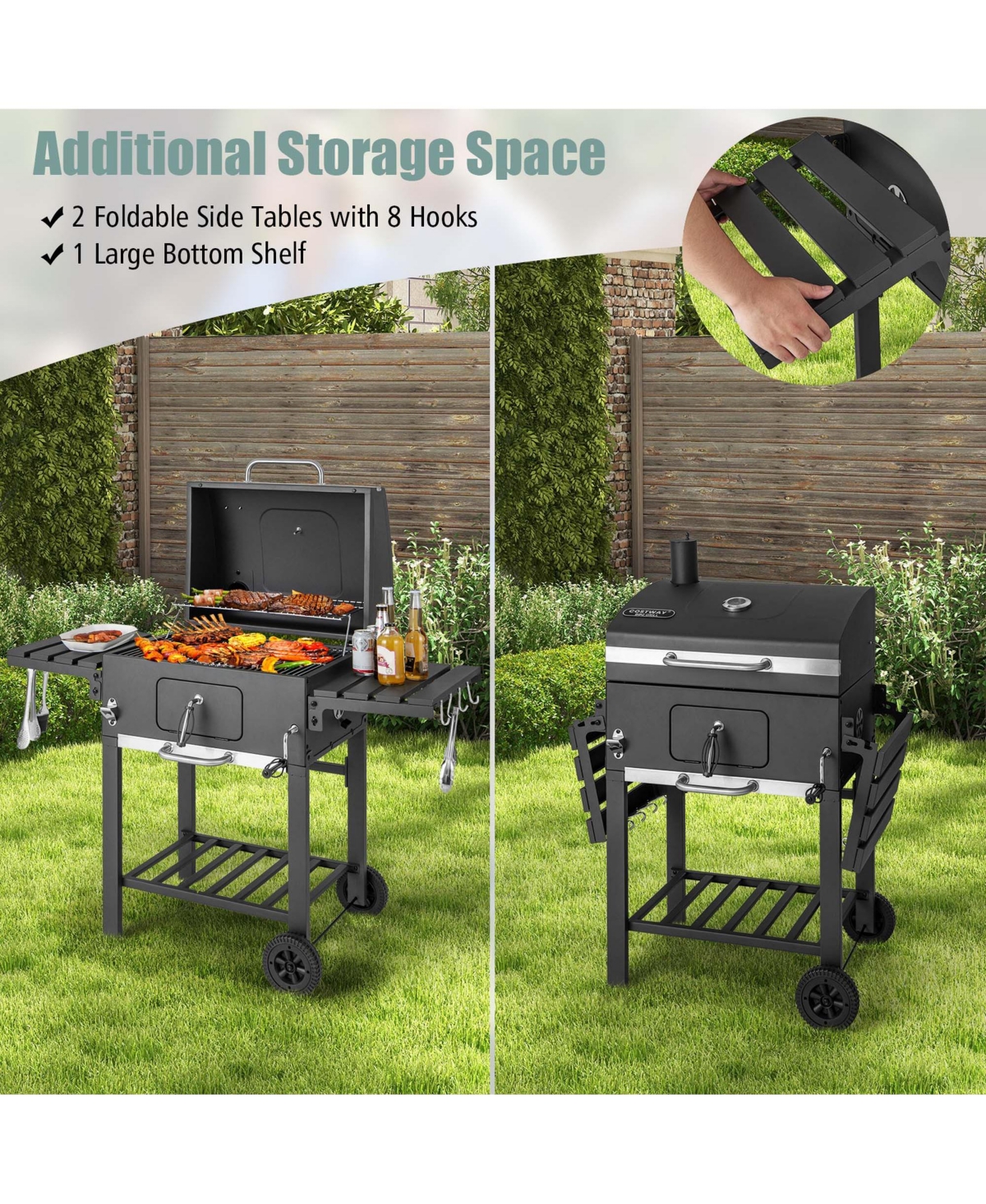 Outdoor Charcoal Grill 391 sq.in. Cooking Area 2 Foldable Side Table Bbq Camping