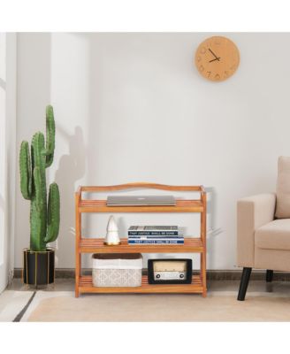 3-Tier Wood Shoe Rack Solid Acacia Wood Shoe Shelf with Side Metal Hooks