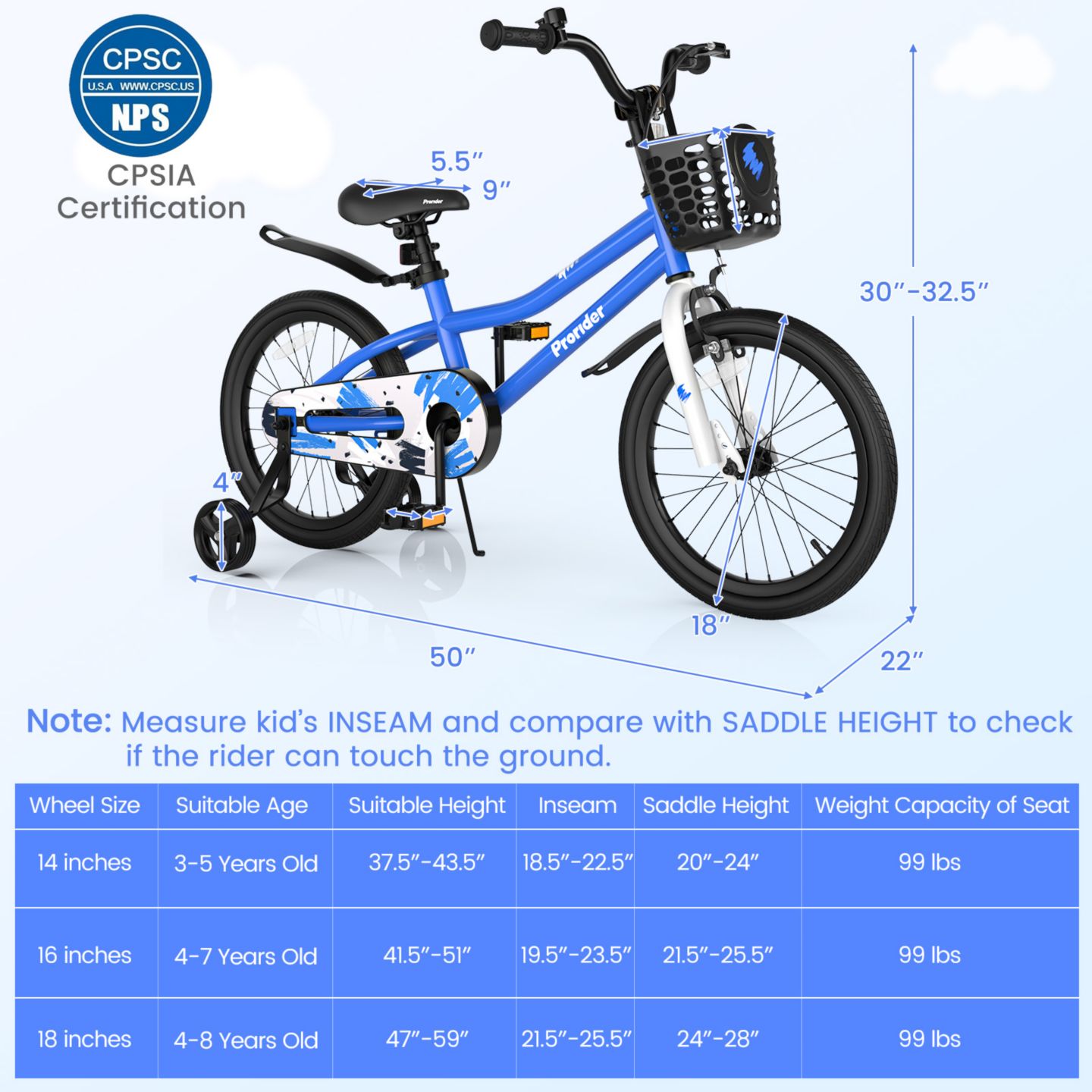 Детская игрушка Costway 18-Inch Kids' Bike with Adjustable Handlebar & Saddle, Removable Training Wheels, 4–8 лет, цвет: Синий — фото 10