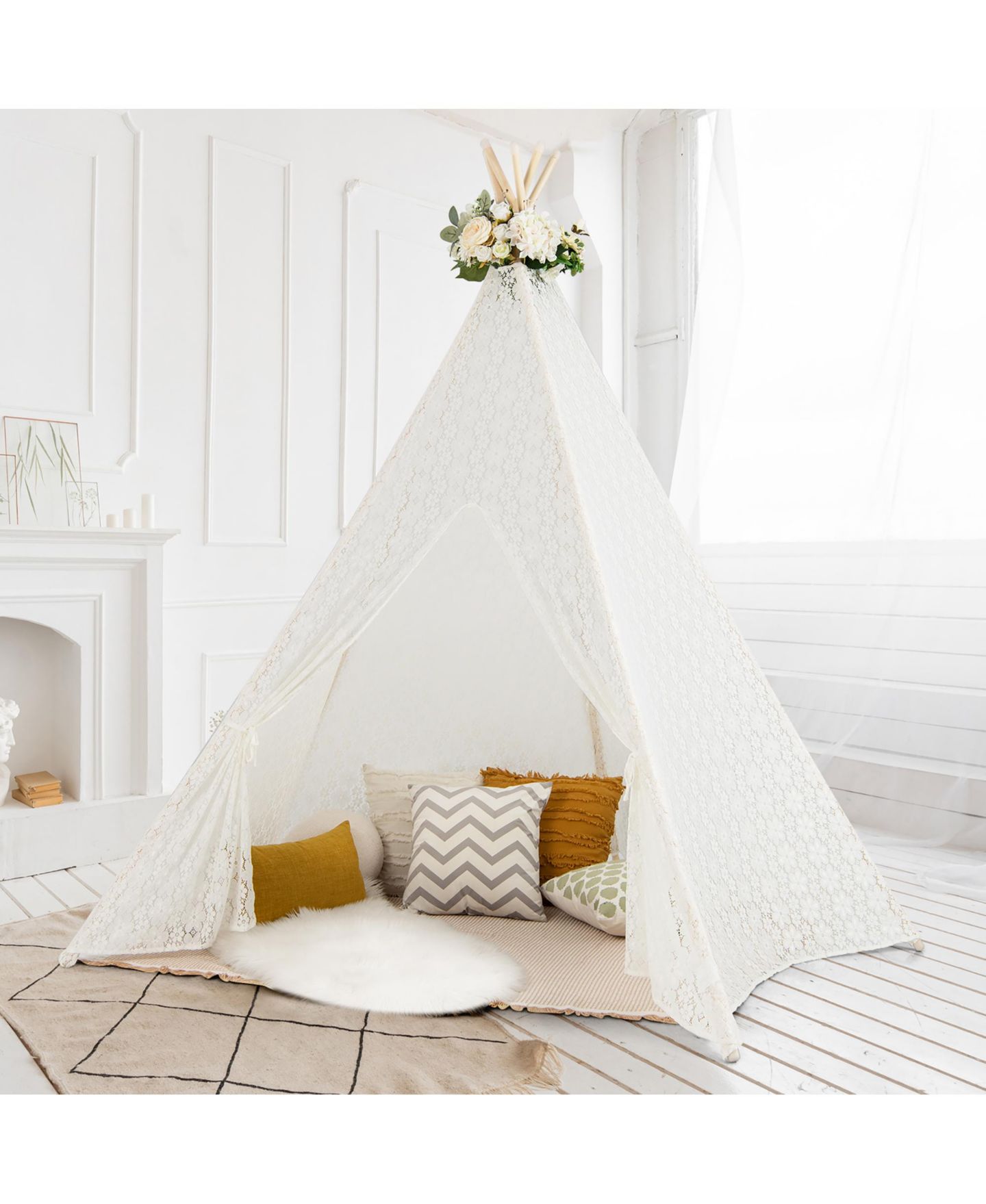 Детская игрушка Costway 5-Sided Lace Play Tent With Light Strings, Ages 3+, цвет: Белый — фото 5