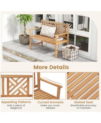 Patio Acacia Wood 2-Person Slatted Bench Outdoor Loveseat Chair Garden