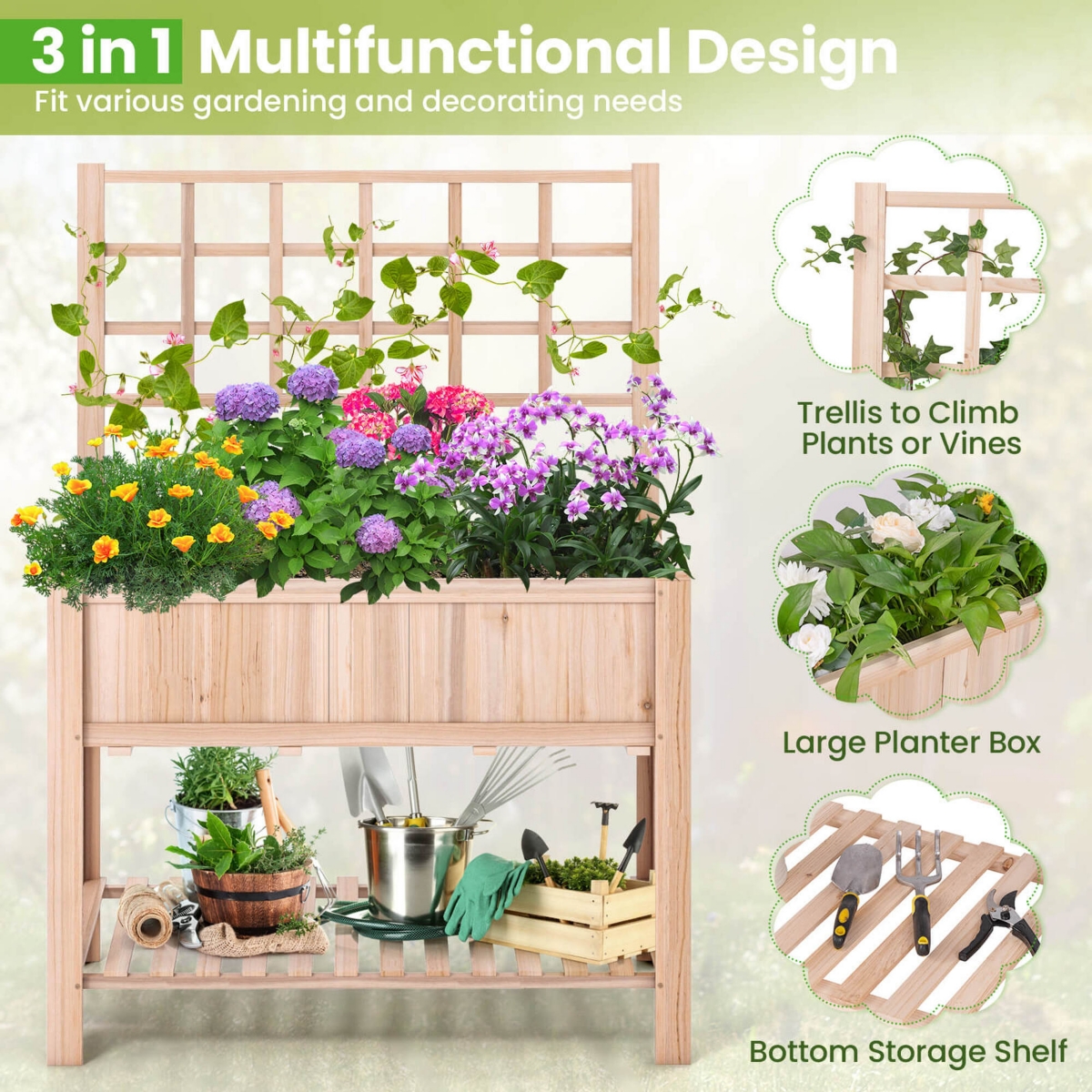 Costway Raised Garden Bed Elevated Wooden Planter Box with Trellis & Open Storage Shelf