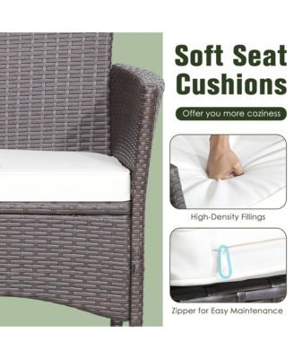 3PCS Patio Wicker Dining Set Acacia Wood Table Top with Cushioned Chairs Garden