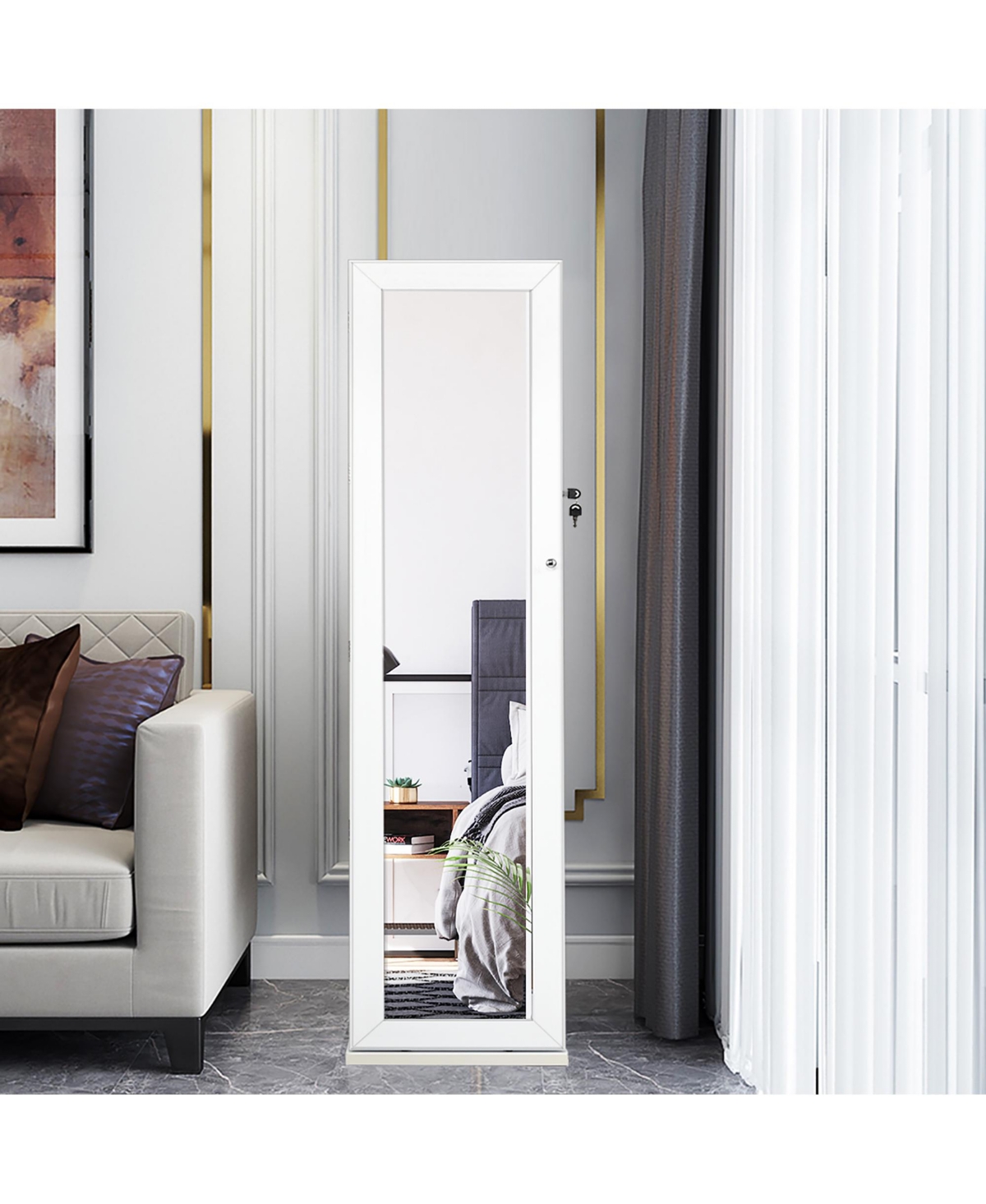 Mirrored Jewelry Cabinet Lockable Standing Storage Organizer W/ Shelf