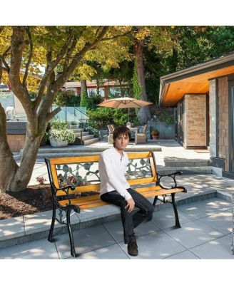 Patio Park Garden Bench Porch Chair Outdoor Deck Cast Iron Hardwood Rose