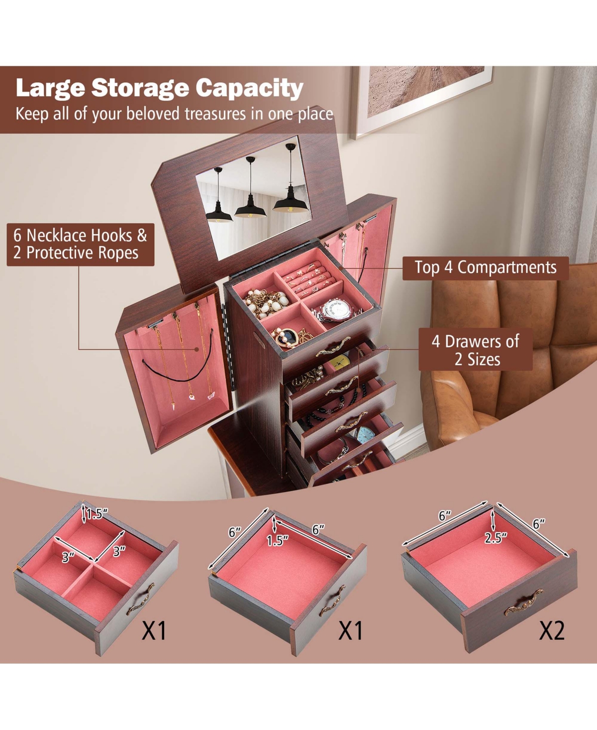 Costway Jewelry Cabinet Storage Chest Stand Organizer Wood Box for Home Walnut